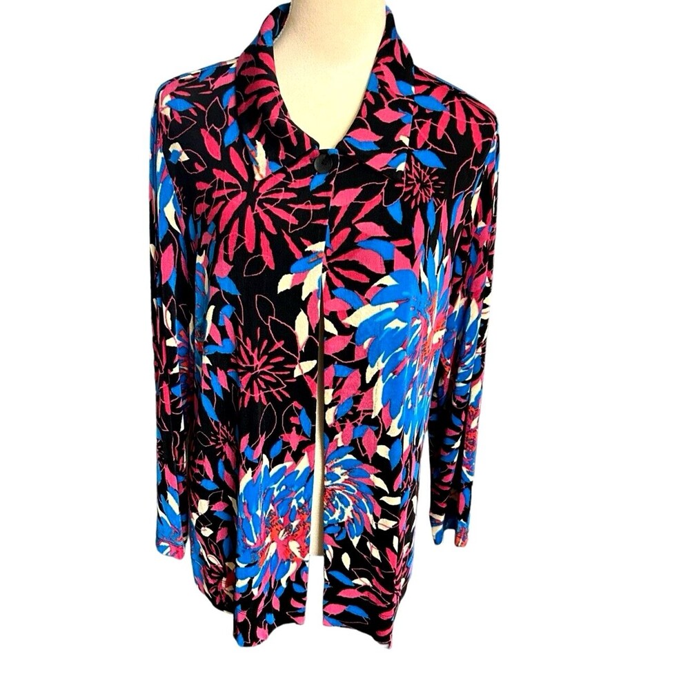 Chico's Travelers Floral Collared One Button Closure Multi Stretch LS Sz 1?